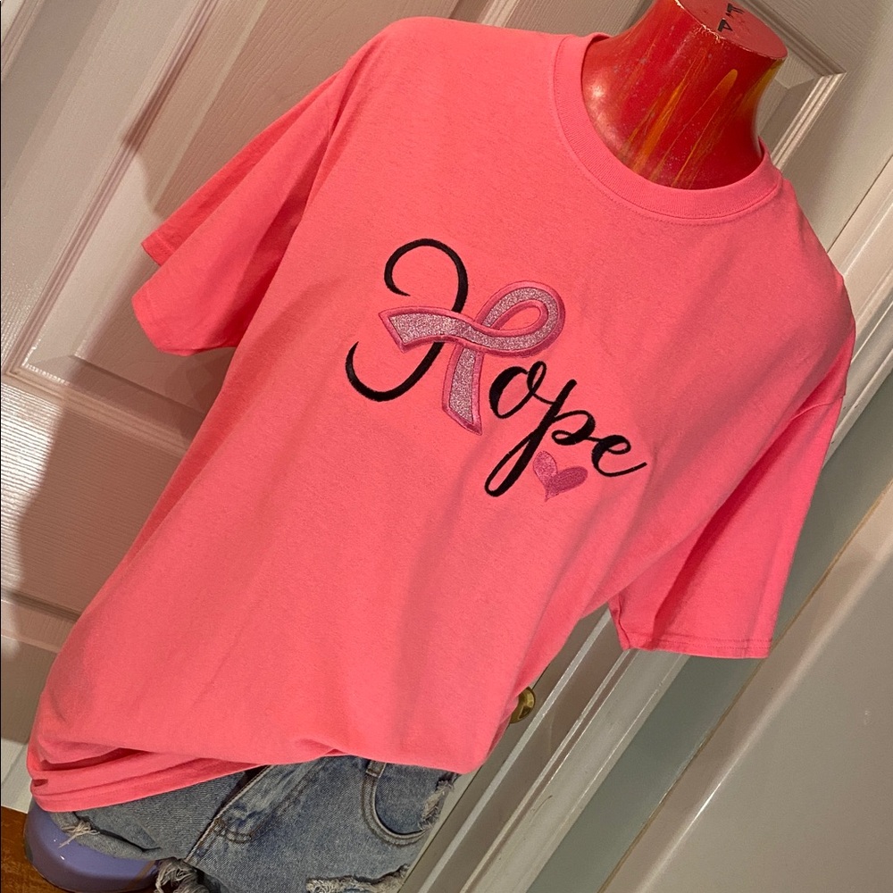 Jerzees Hand stitched HOPE Breast Cancer Awareness Ribbon Pink Crewneck Tee